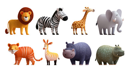 Safari Animals: A collection of safari animal illustrations, including a lion, zebra, giraffe, elephant, tiger, okapi, hippopotamus, and rhinoceros, presented in a playful style.