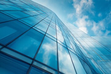 Tall glass building facade reflects blue sky and clouds, viewed upwards.