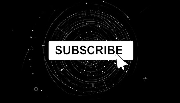 Subscribe" button with a cursor against a black backdrop with orbiting white circular patterns and other design elements