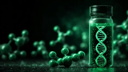 Abstract rendering of a dna strand in a vial surrounded by molecular structures - Powered by Adobe