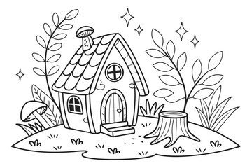 An enchanted forest clearing with a detailed fairy house on a tree stump, surrounded by glowing mushrooms, magical vines, and sparkling leaves, line art, coloring page, clean black outline, white back