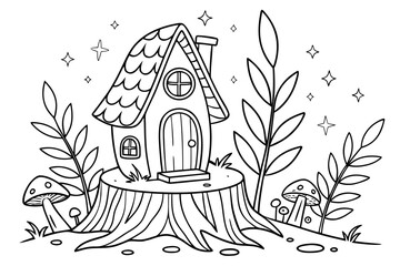 An enchanted forest clearing with a detailed fairy house on a tree stump, surrounded by glowing mushrooms, magical vines, and sparkling leaves, line art, coloring page, clean black outline, white back