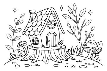 An enchanted forest clearing with a detailed fairy house on a tree stump, surrounded by glowing mushrooms, magical vines, and sparkling leaves, line art, coloring page, clean black outline, white back