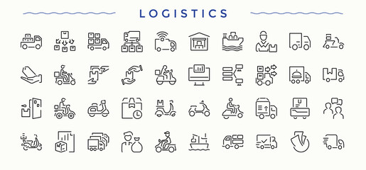 Logistics vector line icon set. Thin icons set. Contains related to deliver, ship, distribution, product, export, warehouse. Vector illustration in modern line style. Deliver icon set.