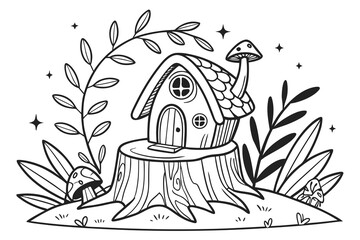 An enchanted forest clearing with a detailed fairy house on a tree stump, surrounded by glowing mushrooms, magical vines, and sparkling leaves, line art, coloring page, clean black outline, white back