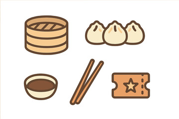 Asian dim sum food icons set featuring bamboo steamer, dumplings, and dipping sauce
