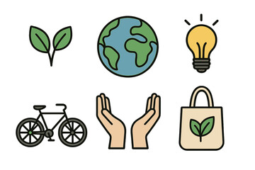 Sustainability and eco-friendly icons featuring Earth, energy, and nature concepts