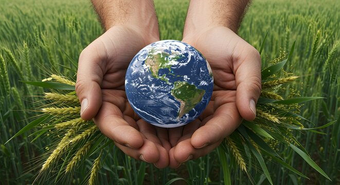 Farmer Hands Holding Planet Earth Globe Over Lush Green Wheat Field Symbolizing Ecology and Agriculture