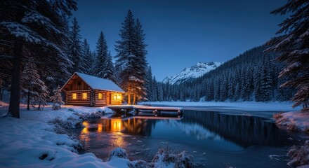 Obraz premium Cozy Log Cabin Illuminated in Snowy Forest at Night with Mountain Background