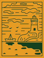Minimalist vector illustration featuring a lighthouse on a cliff by the sea with a sailing ship, birds, and clouds. Simple two-tone flat design in warm earthy tones, perfect for travel posters, nautic