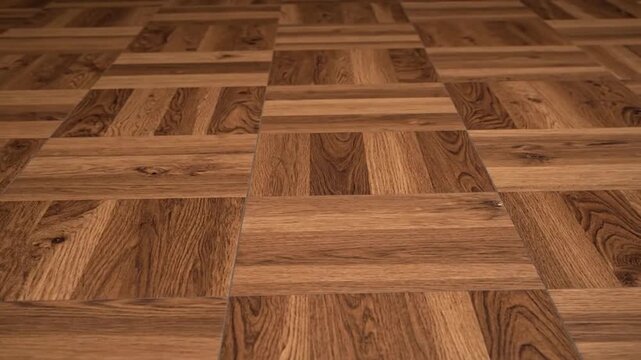 Close-up of a warm-toned wooden floor with a parquet pattern, showing the details of the grain