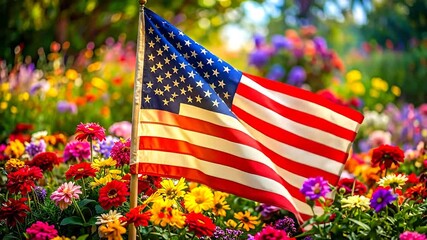 American flag waving proudly in a vibrant flower field, a symbol of national pride and natural beauty - Powered by Adobe