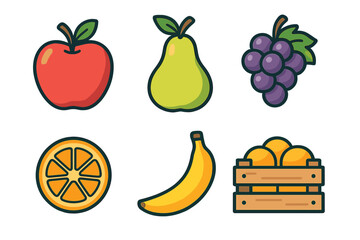 Fresh colorful fruits including apple, pear, grapes, orange slice, banana, and oranges in a wooden crate