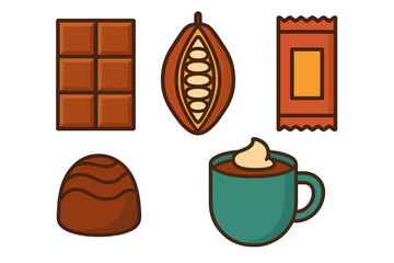Various chocolate products and cocoa ingredients including bar, truffle, pod, and hot drink