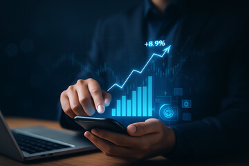 Digital financial analysis with glowing bar chart and growth percentage hologram symbolizing profit business success and investment strategy