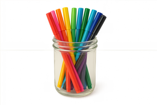 Colorful markers filling glass jar, rainbow spectrum art supplies