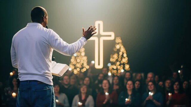 Man preaching to diverse church congregation holding candles during a Christian service with cross and Christmas trees, video footage