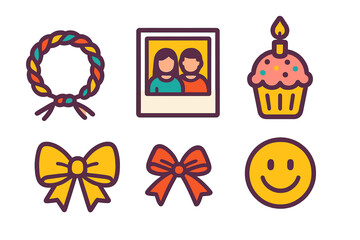 Colorful set of celebration elements including gift bows, birthday cupcake, couple photograph, and happy face