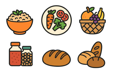 Essential food items collection featuring grains, fresh produce, and baked goods