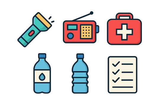 Essential survival kit items including water, radio, flashlight, and first aid supplies - Powered by Adobe