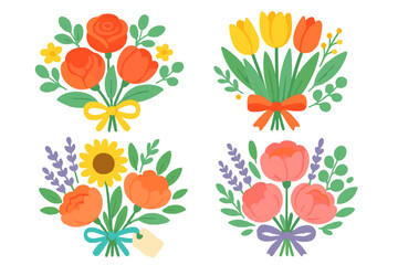 Assortment of spring and summer bouquets with blooming flowers and greenery