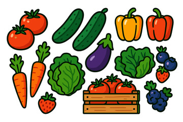 Colorful assortment of fresh healthy vegetables and fruits including tomatoes and berries
