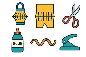 Colorful collection of crafting supplies and tools icons including scissors, glue, paper, and hole puncher