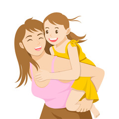A joyful mother is giving a piggyback ride to her happy young daughter.