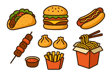Set of popular fast food and street meal items including hamburger, taco, hot dog, noodles, and fries