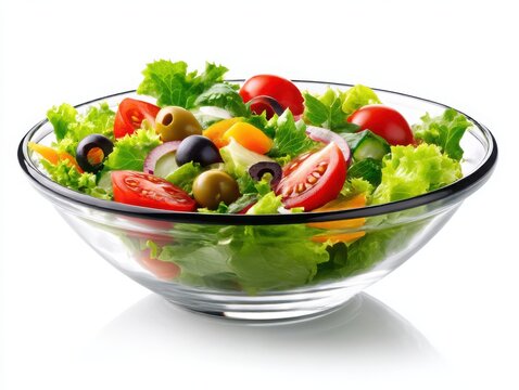 Fresh garden salad in a glass bowl isolated on white background