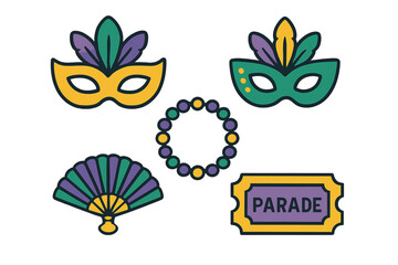 Festive collection of Mardi Gras carnival masks, decorative beads, hand fan, and parade ticket