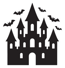 Silhouette of a spooky haunted castle with bats flying around vector illustration for Halloween design isolated on white backgroun