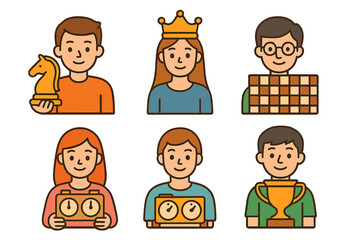Set of diverse characters holding chess pieces, clocks, a chessboard, a crown, and a winner's trophy
