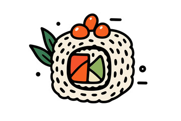 Stylized Japanese maki sushi roll with bold outline, garnished with bright orange fish roe and green leaves © icon_art