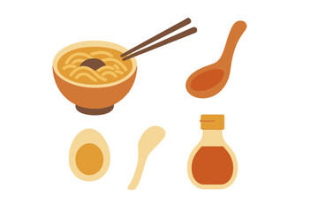 Japanese ramen bowl with chopsticks, boiled egg, sauce bottle, and spoons