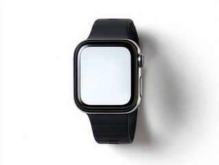 Modern smartwatch with black band isolated on white background