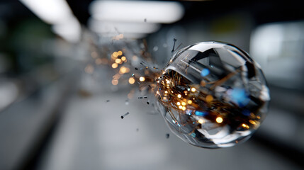 An eye-catching image of a dynamic glass sphere bursting with radiant lights, symbolizing innovation and energy within a futuristic context filled with abstraction.