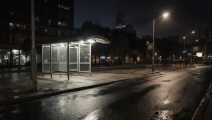 Empty bus stop at night with wet pavement reflecting streetlights.