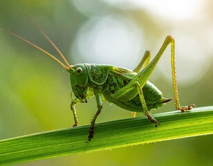 Green Grasshopper on Blade of Grass Soft Lighting