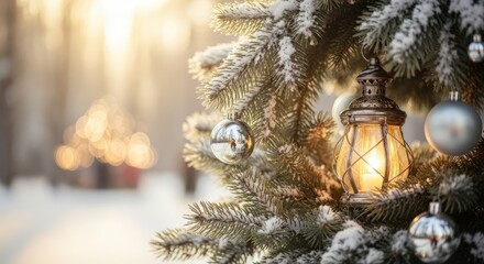 Christmas Tree Branches with Silver Ornaments and Lantern in Winter Scene
