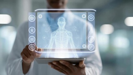 Medical professional interacts with a futuristic holographic interface. Displaying a detailed anatomical model of the human body on a tablet. Showcasing advanced diagnostics and analysis capabilities