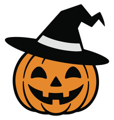 Smiling pumpkin wearing a witch hat a vector illustration for Halloween isolated on white background © Baloch