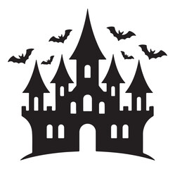Spooky castle silhouette with bats flying a vector illustration for Halloween designs isolated on white background