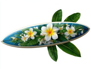 Decorative surfboard with plumeria flowers and leaves isolated on white background
