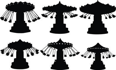 Swing ride silhouettes, amusement park vector, chair-o-plane design, wave swinger graphic, rotating canopy illustration, carnival attraction, fairground ride, black theme, entertainment icon