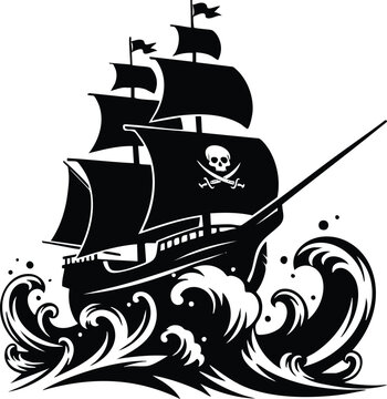 Pirate ship sailing on the high seas with skull and crossbones flag