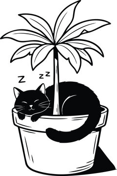 Black cat sleeping in a flower pot, cute and peaceful scene