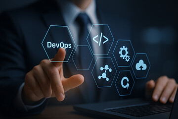 Futuristic DevOps concept with businessman interacting with digital symbols for coding cloud computing and system integration