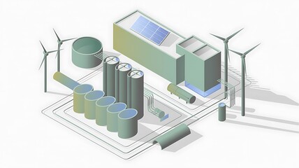 Obraz premium Isometric sustainable energy plant illustration featuring wind turbines and solar panels