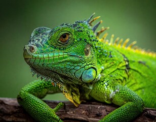 Green Iguana Portrait on Dark Wood